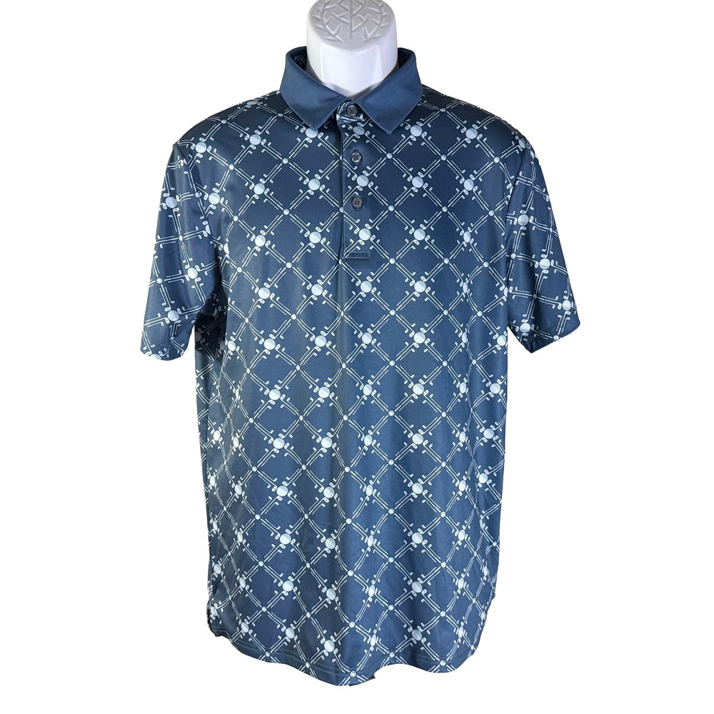 Obla‎ Performance Polo Men Small Navy Blue Golf Club Ball Print Short Sleeve